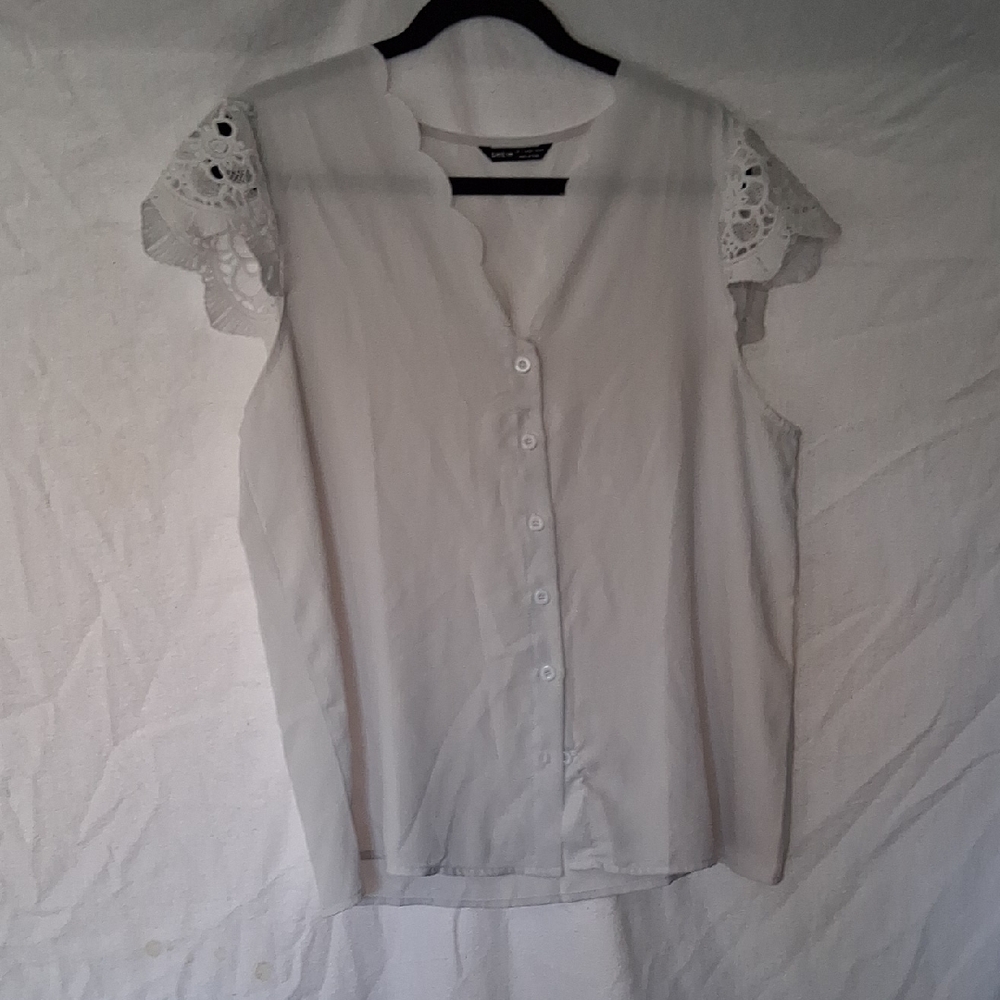 White Cap Sleeve Button Down Blouse with Mandarin Collar